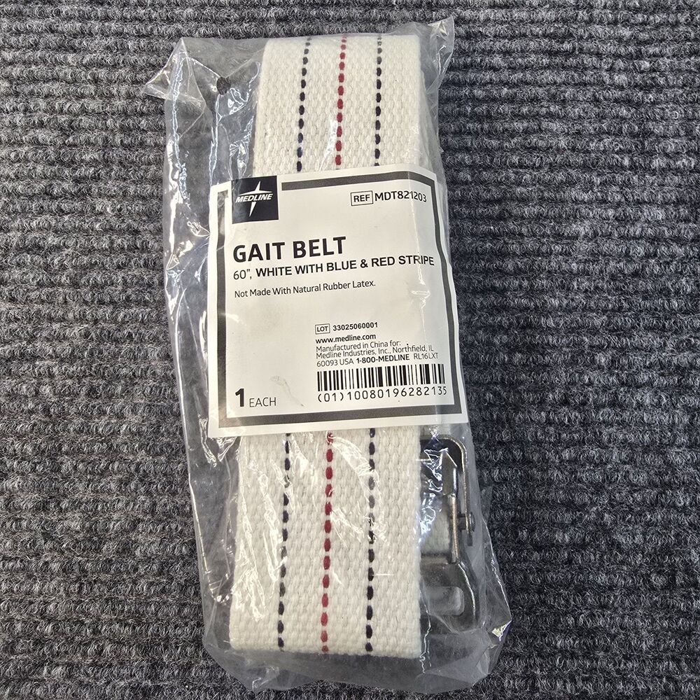 Medline Gait Belt Patient Transfer & Walking w/ Metal Buckle 60" White Red Blue